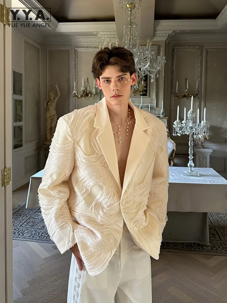 

Осенний новый модный мужской повседневный бежевый костюм, куртка с трехмерным узором, пиджак на одной пуговице, свободная дизайнерская верхняя одежда, пальто