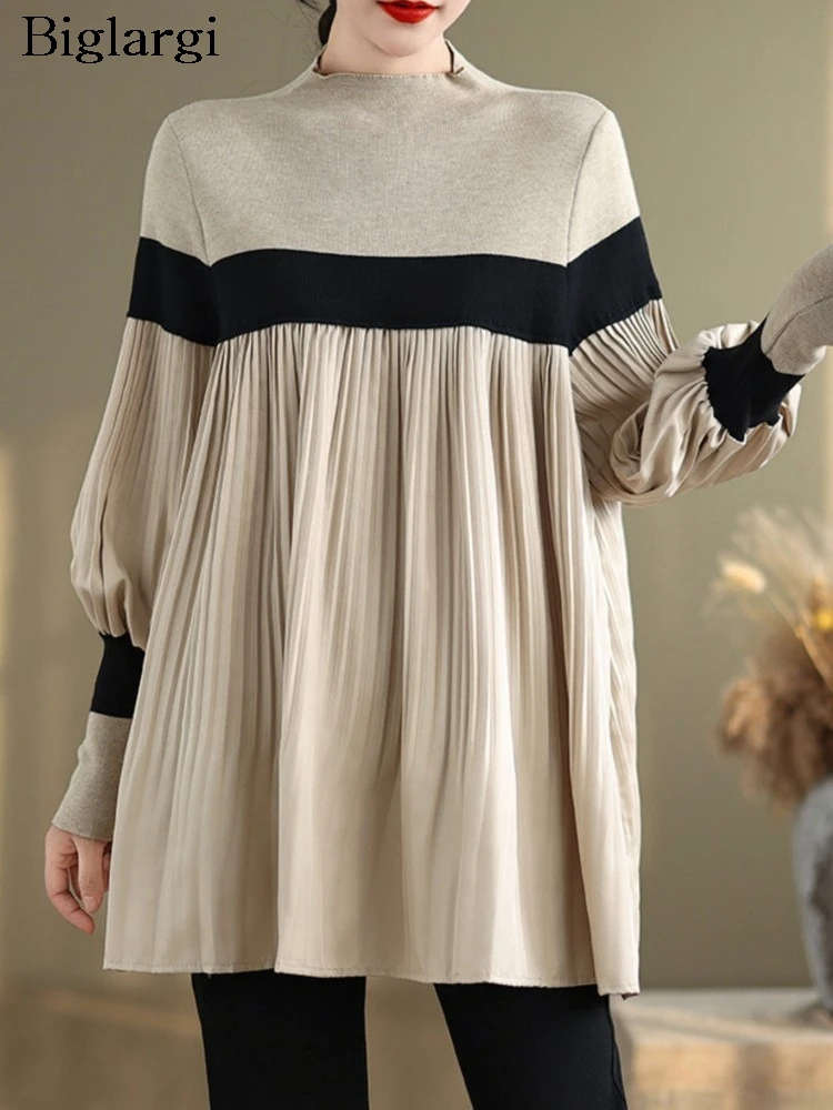 Autumn Pullover Knitted Patchwork Tops Women Striped Print Long Sleeve Modis Ladies Oversized Sweaters Ruffle Pleated Woman Tops