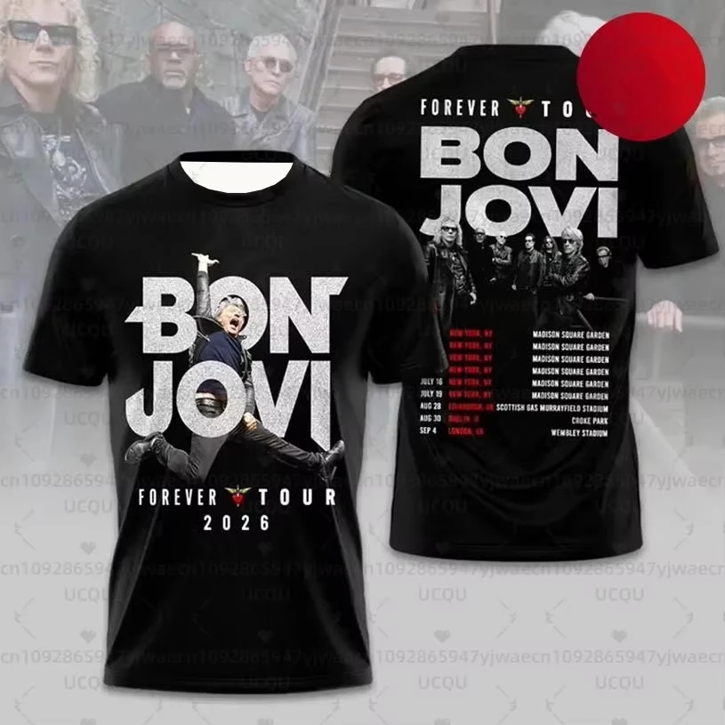 الرجال الجولة الرقبة تي شيرت المرأة قصيرة الأكمام تي شيرت هدية فكرة بلايز موضة جيرسي بلايز بون جوفي للأبد جولة طفل تي شيرت