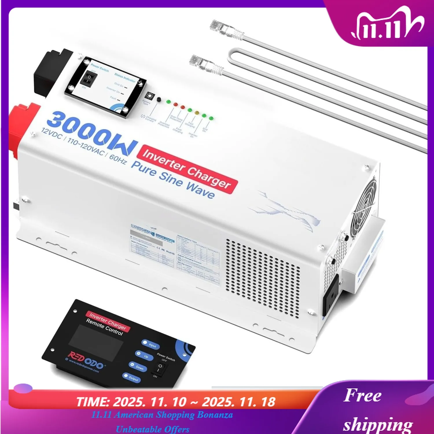 

Зарядное устройство с инвертором чистой синусоидальной волны, 3000 Вт, от 12 В постоянного тока до 120 В переменного тока, 9000 Вт с дистанционным управлением для внедорожной солнечной лодки на автофургоне, дома,
