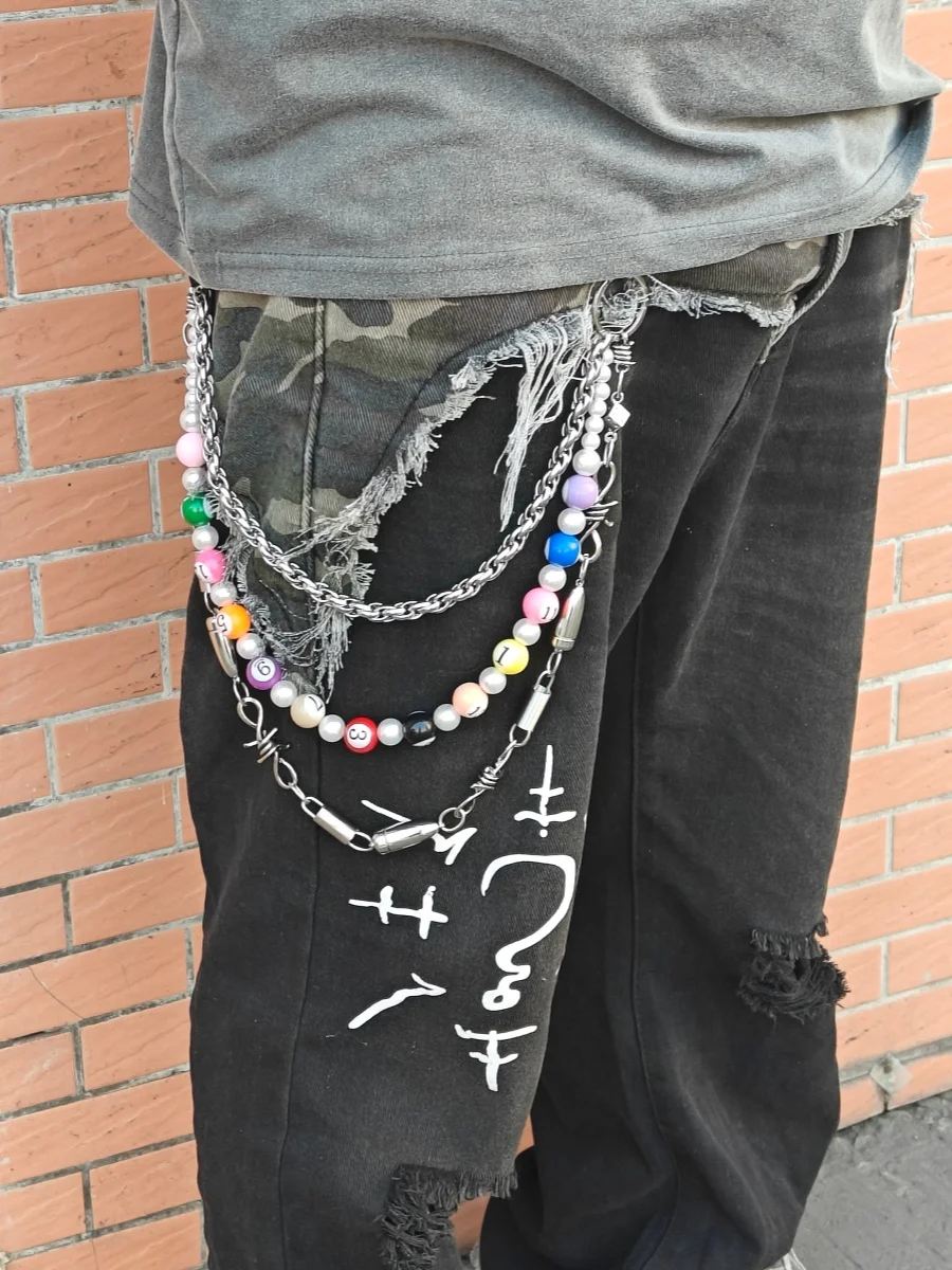 Stainless Steel Three Coat Bullet Multicolour Billiards Pearl Pants Chain Fashionable Men And Women Y2K Luxury Accessories