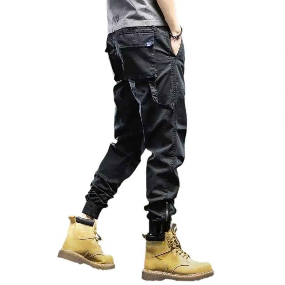 Adjustable Waist Men Trousers Men's Cargo Pants with Drawstring Elastic Waist Multiple Pockets Zipper Ankle-bands for Daily