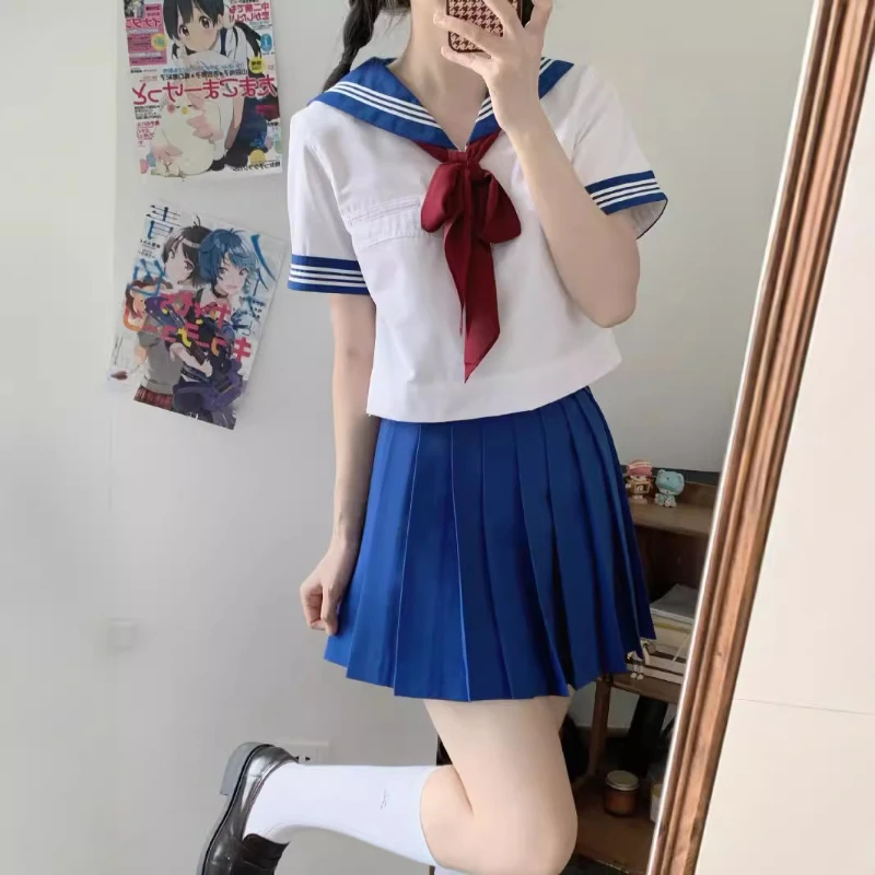 Japanese Sailor Uniform JK Uniform Short-sleeved Flower Cyanine Color Seagull Line Basic Sailor Uniform Fashion School Uniforms