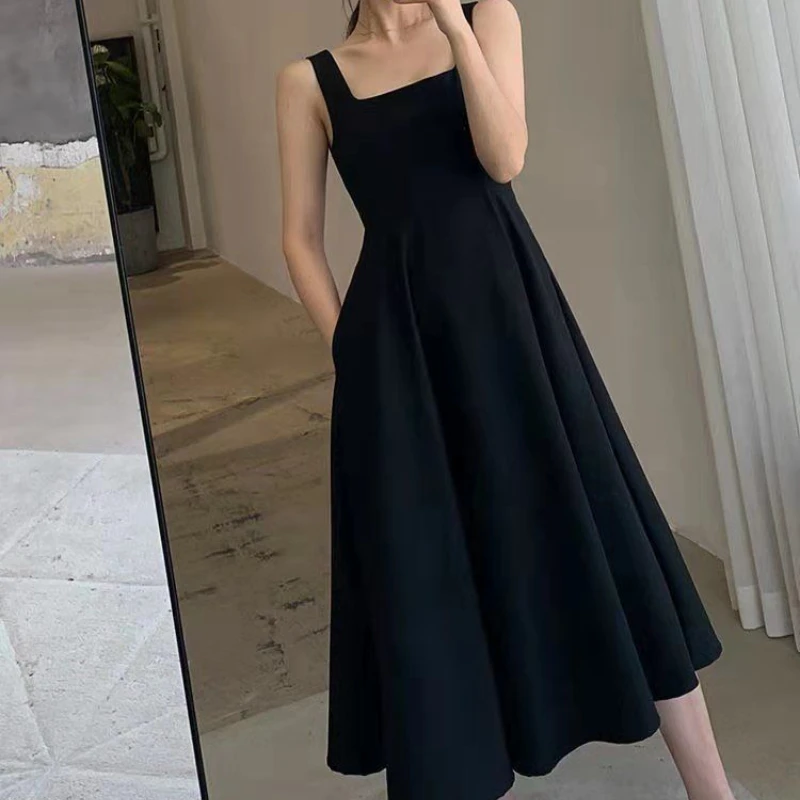 Sleeveless Dress Women Simple Casual Solid Fit High Waist Summer Retro New Arrival Elegant Ladies Cozy Mujer Ulzzang Ins Female