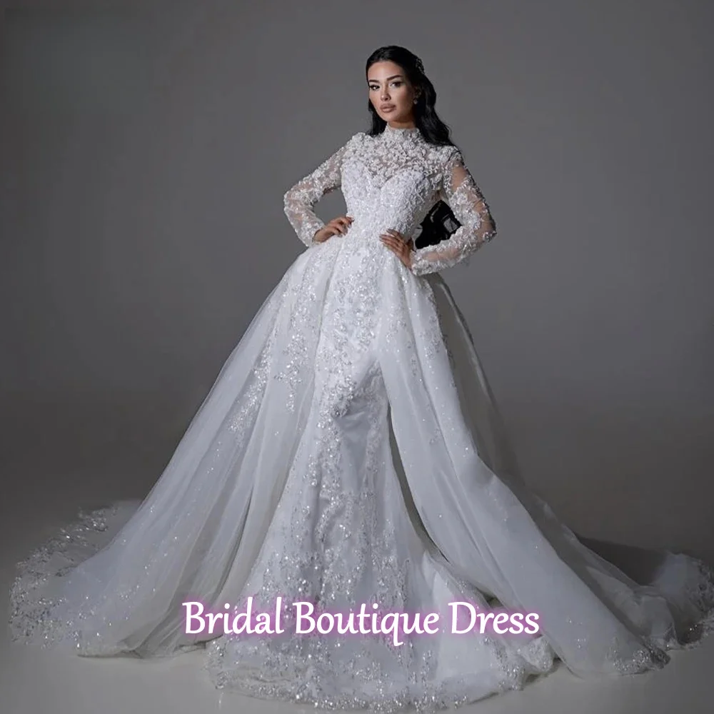 

Великолепные сексуальные свадебные платья русалки по индивидуальному заказу, свадебное платье с высоким воротом и длинными рукавами, расшитое бисером, со съемным шлейфом, платья невесты