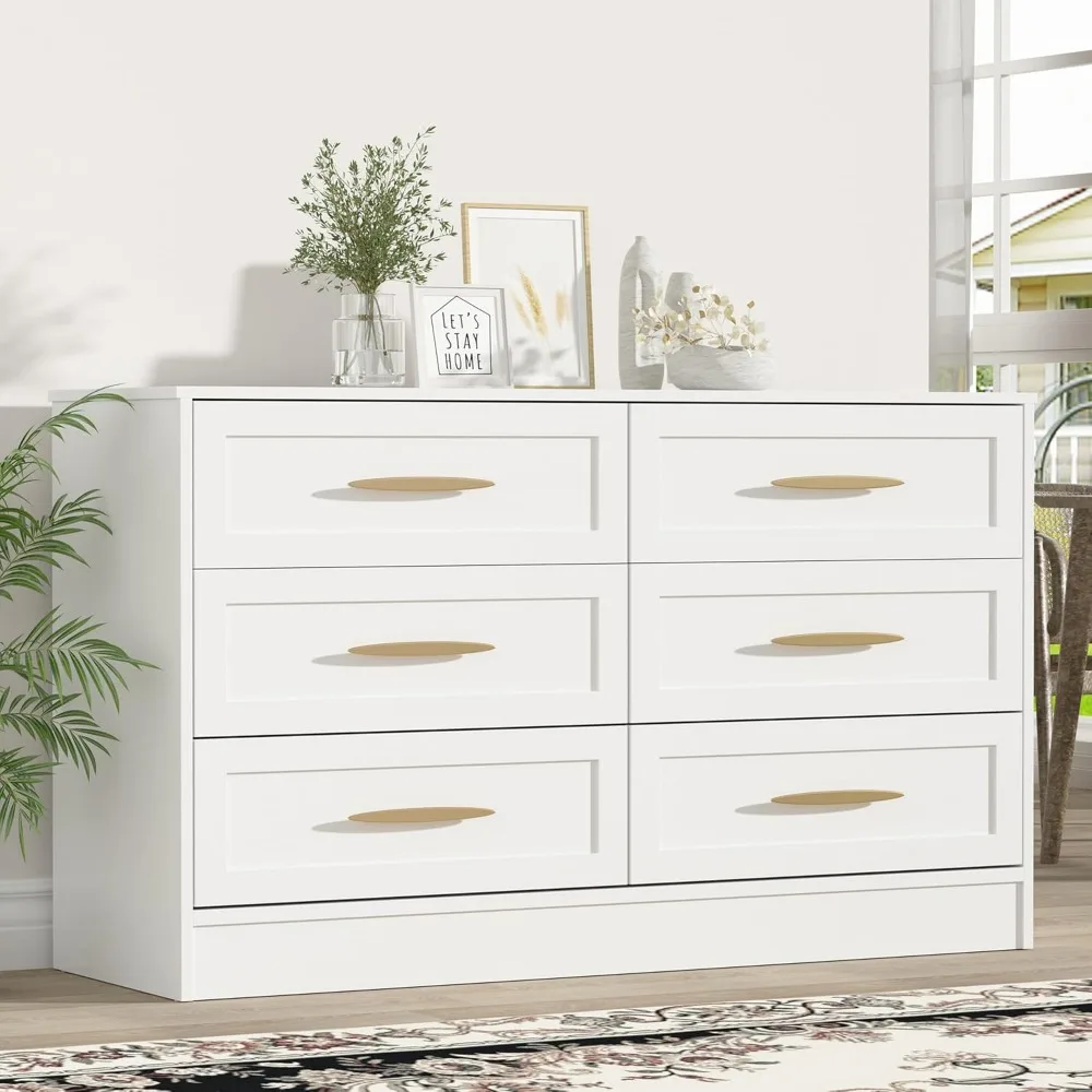 

6 Drawer Dresser White and Gold, Tall Dresser for Bedroom, Wood Storage Cabinet, Storage Solution for Entryway and Ha
