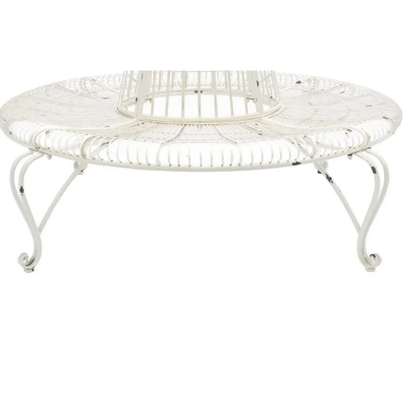 Antique White Wrought Iron 60" Round Tree Stool Made of Solid Iron with Victorian Scroll Detailing and A Rustic White Finish