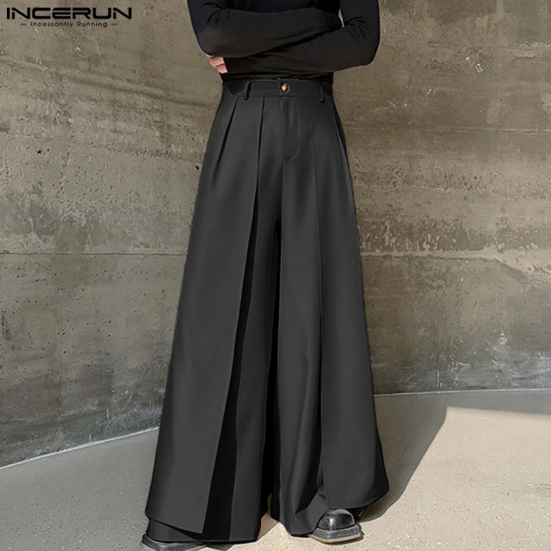 INCERUN 2024 Korean Style Trousers Stylish Men Fake Two piece Wide Leg Pant Casual Personality Loose Solid Skirt Pantalons S-5XL