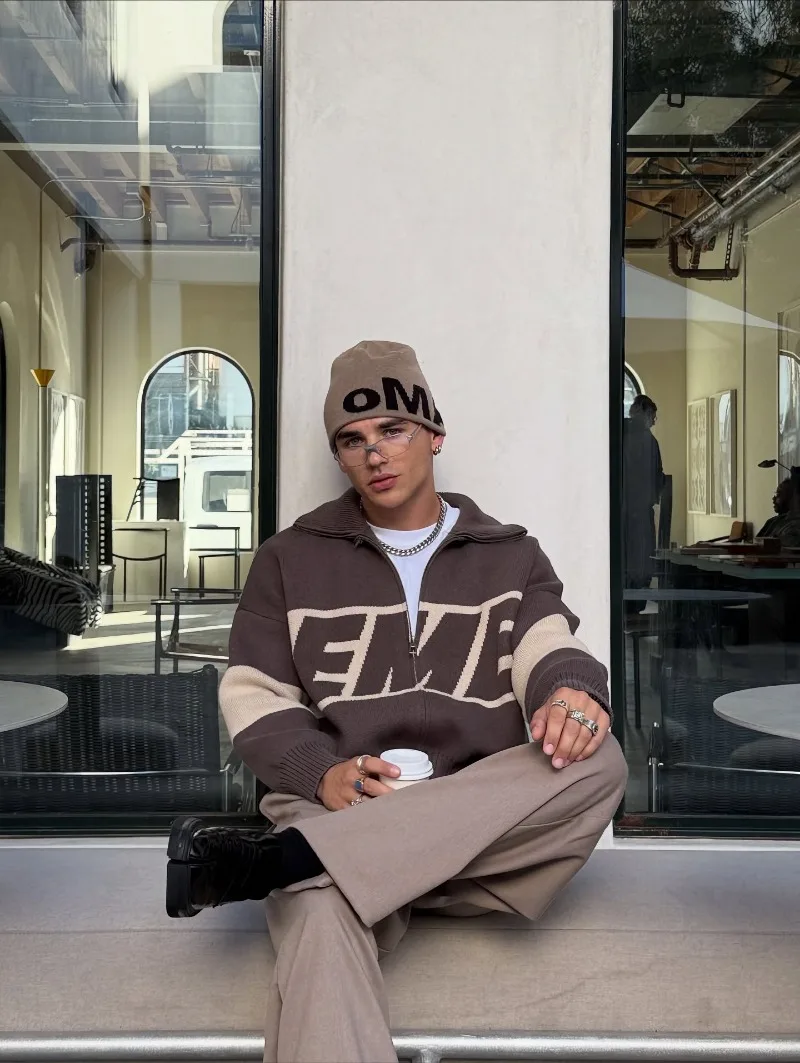 EMESTUDIOS Harajuku épissé ​ ​ Pull en tricot à fermeture éclair pour femmes, pull décontracté à la mode, American Street Y2K, manteau brodé de lettres