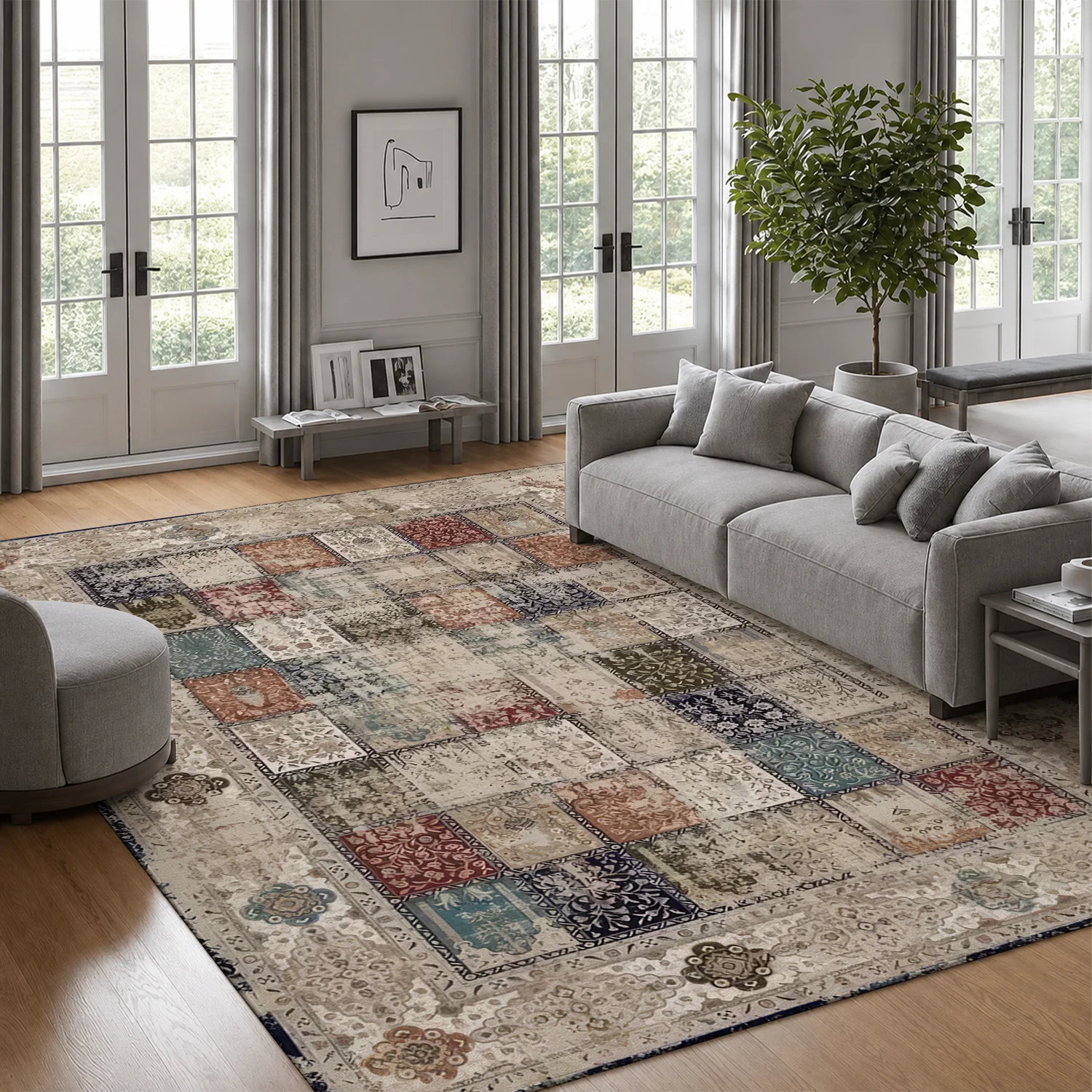 Large Indoor Area Rug, Soft Velvet Low Pile Non-Slip Dotted Backing, Machine Washable Vintage Patchwork Area Rug for Living Room Bedroom, Muted Neutral Boho Floor Rug for Home Decor