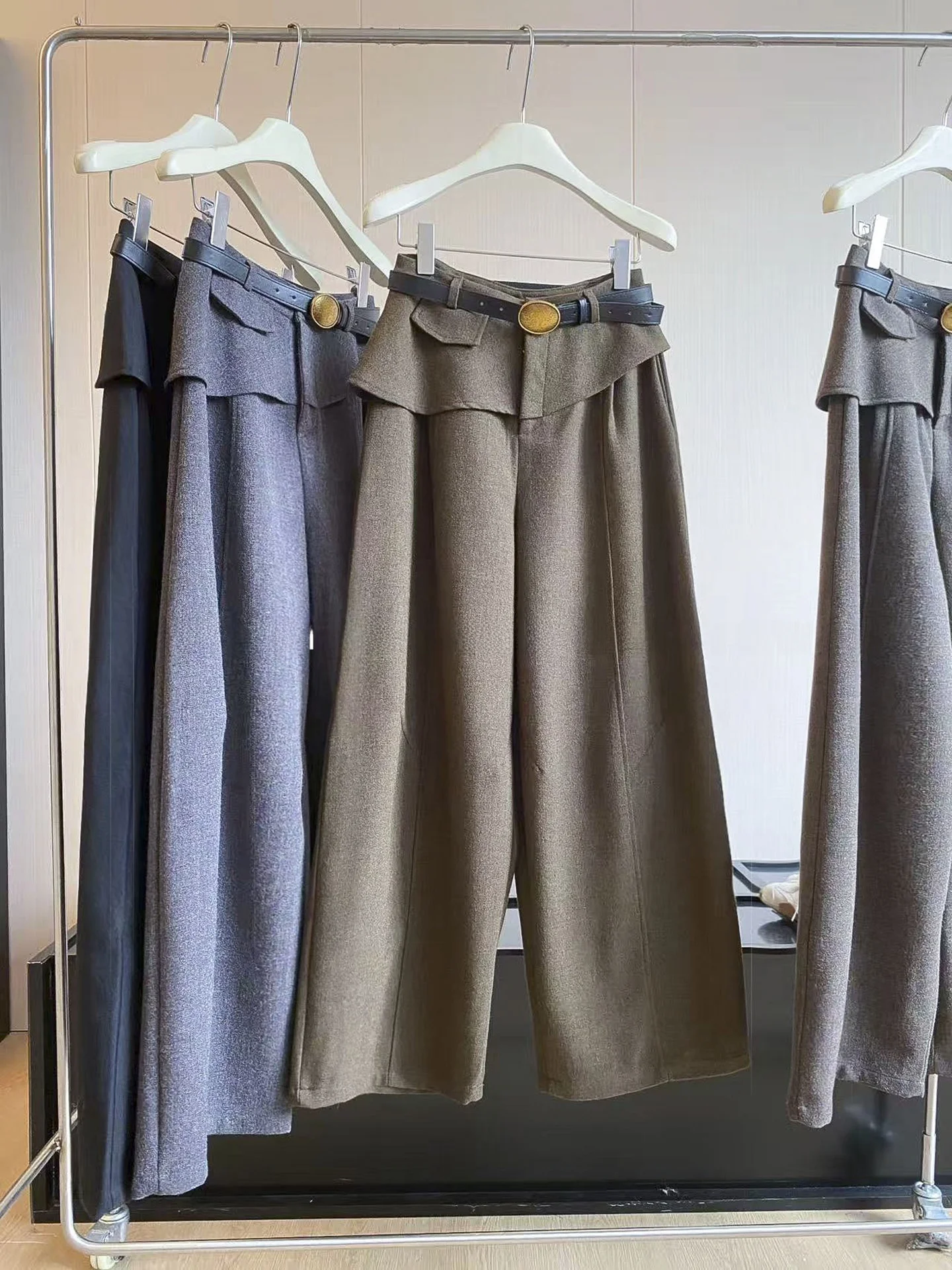 High Waist Drapey Woolen Wide Leg Pants Women's Autumn Winter Casual Long Trousers Korean Style Design Sensation Fake Two-Piece