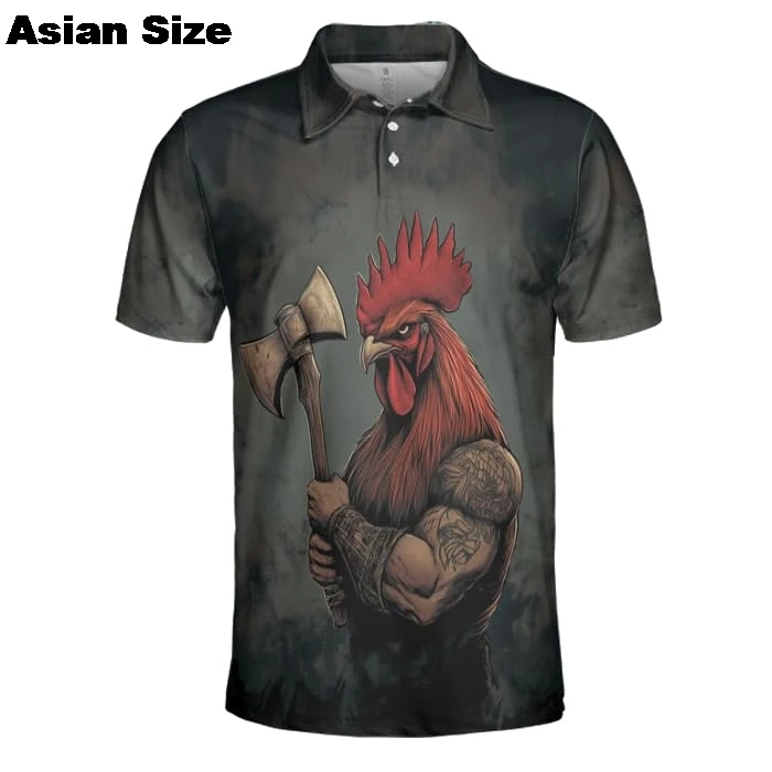 Camisa polo de frango dos desenhos animados para homens 3d impresso animal manga curta botão polo camisas topos engraçado galo lapela camisetas roupas do menino