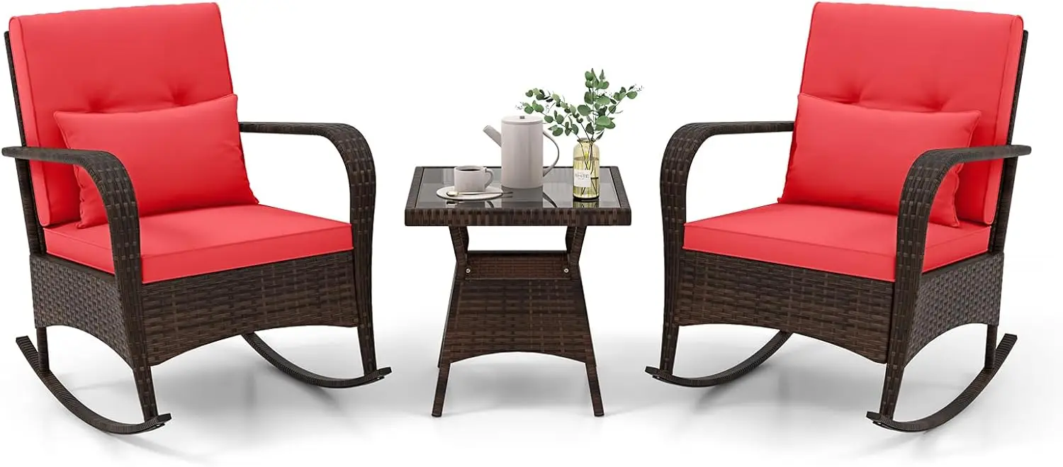 3 Pieces Rocking Bistro Set Patiojoy Outdoor PE Rattan Rocker Chairs Removable Cushions & Tempered Glass Top Coffee Table (Red)