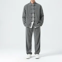 Men Corduroy Sets Men Tang Suit Jackets +Pants Male Kung Fu Traditional Chinese Top & Bottom Sets Men Tai Chi Hanfu Tracksuit