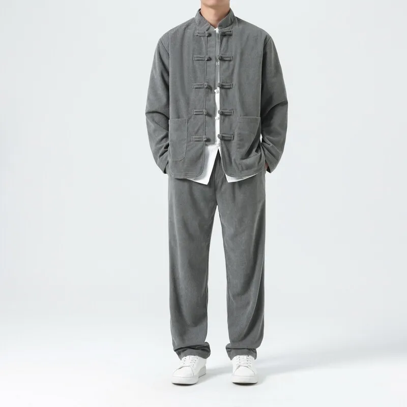 Men Corduroy Sets Men Tang Suit Jackets +Pants Male Kung Fu Traditional Chinese Top & Bottom Sets Men Tai Chi Hanfu Tracksuit