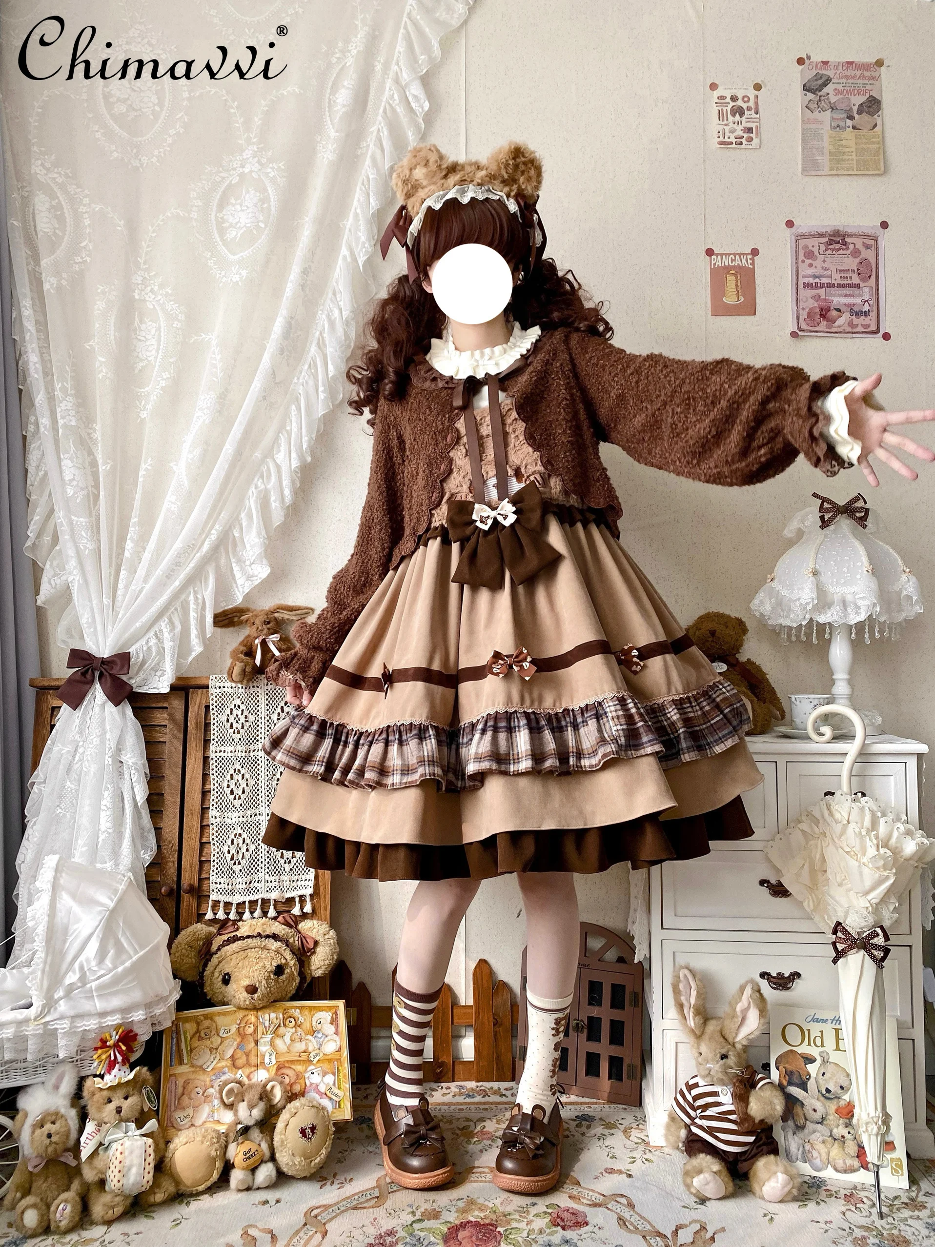 Autumn and Winter Lolita Polished Cute Strap Bow Jsk Dresses Cute Student Girl Kawaii Loose Elegant Y2k Short Dress Women image 3