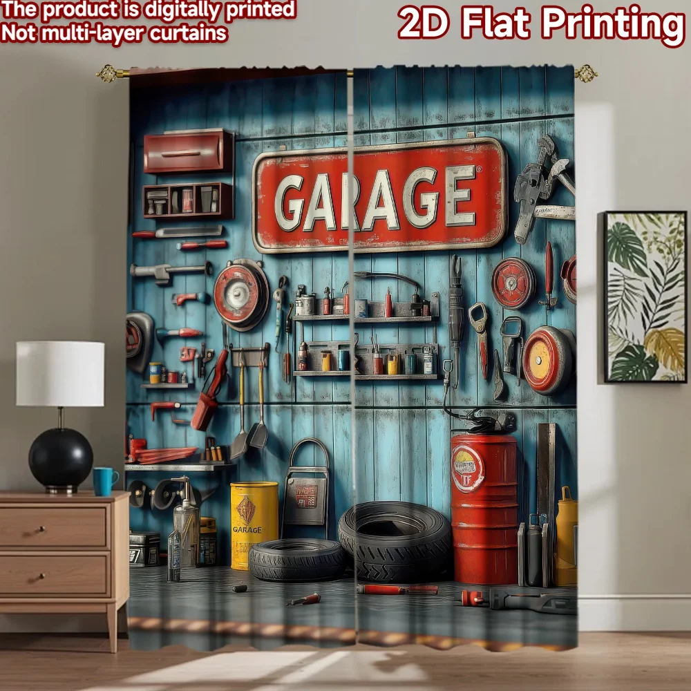 2D flat 2pcs Curtain Country Style Vintage Garage Tool Wall Digitally printed polyester, colorfast Family Party Decoration