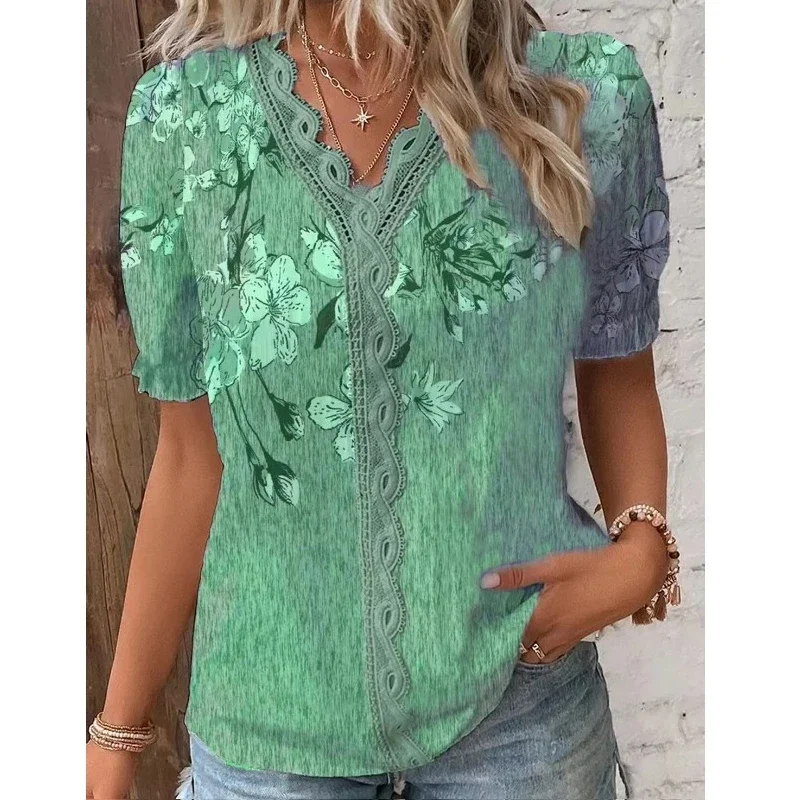 Elegant Women\'s Blouse 2024 Summer V-neck Flower Printed Lace Blouses Casual Vintage Patchwork Shirt Short Sleeve Tops Clothes