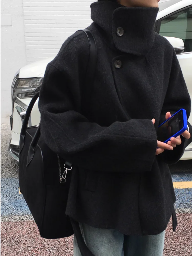 DFDG 2025 Fall Winter Women’s Handmade Wool Coat Double-Faced Belted Cropped Jacket Oversized Stand Collar Designer Outerwear