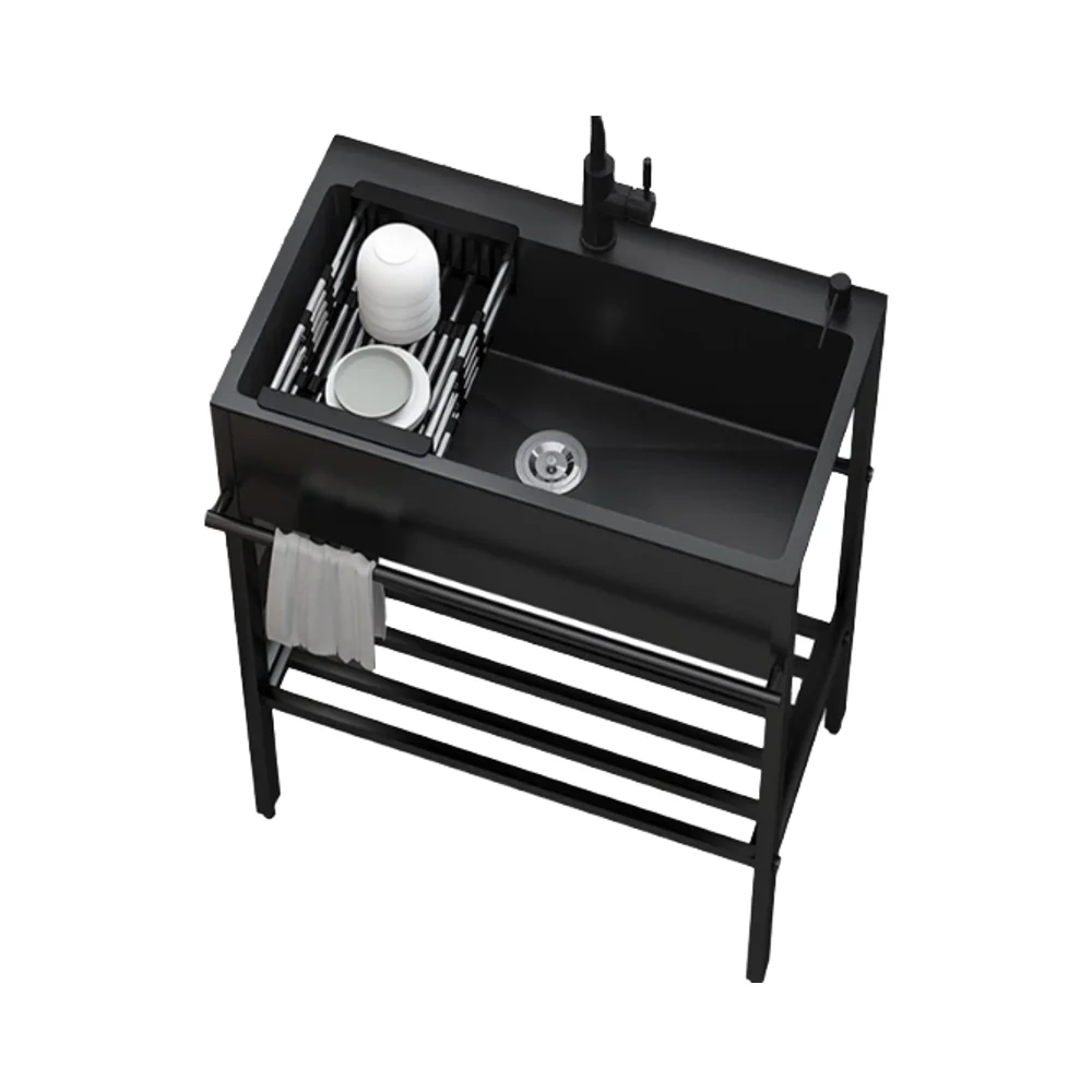 

Handmade Eco-Friendly Farmhouse Freestanding Black Brushed Surface 304 Stainless Steel Square Single Kitchen Sink Faucet Two