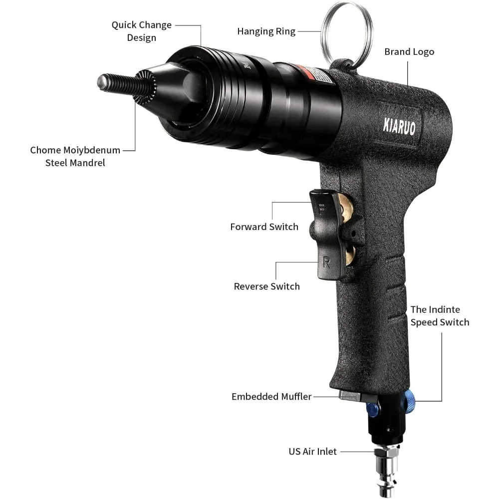 Pneumatic Rivet Nut Gun 1/4-20, 5/16-18, 3/8-16 Self-Locking Head Gun with Replacement Mandrels, Industrial Grade Pull Rivnut