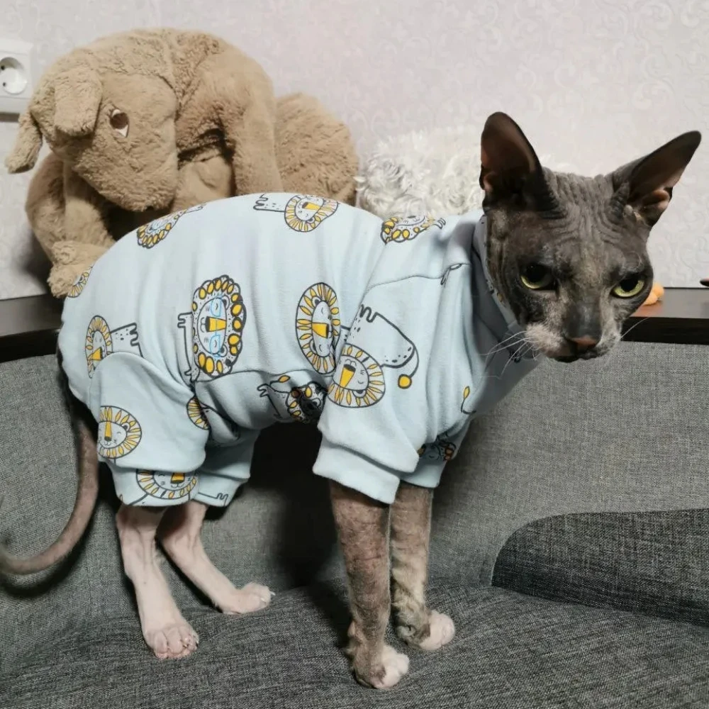 Cotton Coat for Sphynx Cat in Spring Autumn Winter Soft Cartoon Jumpsuit Blue Lion Sweatshirt for Kittens Pajamas For Devon Rex