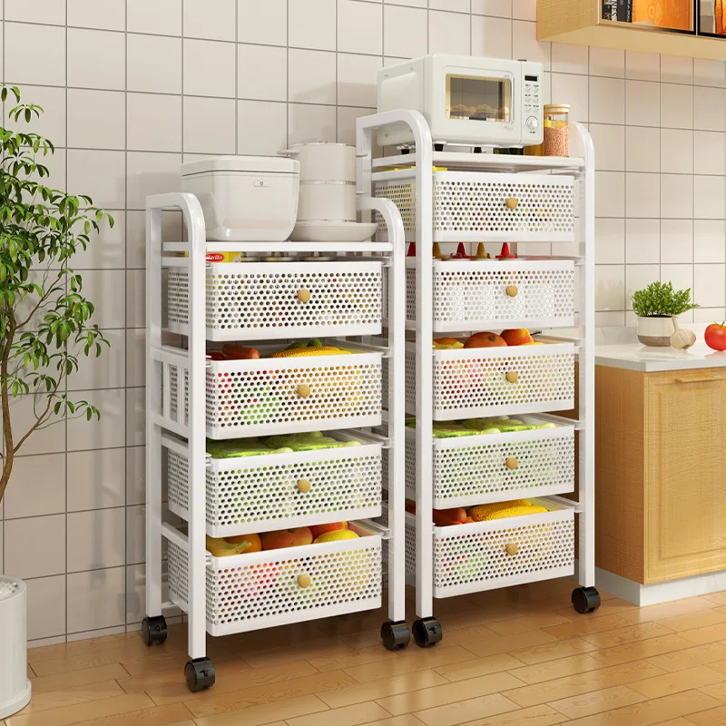 Kitchen Trolley Storage Rack with Wheels Floor-To-Ceiling Multi-Layer Storage Racks Drawer Vegetable Fruit Snack Storage Shelves