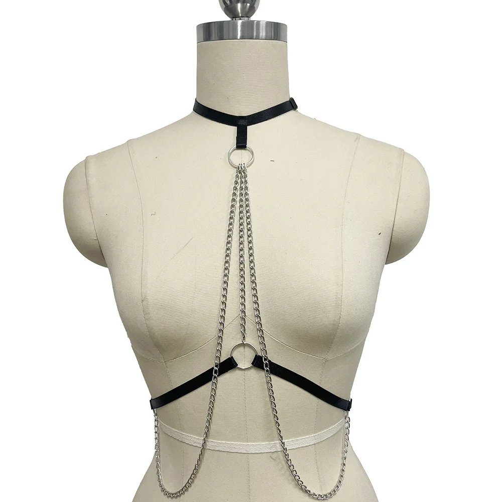 Reggiseno con imbracatura nera Harajuku Body Chain Pole Dance accessori per il carnevale Goth Rave Body Cage Harness Sexy Lingerie Hollow Bra