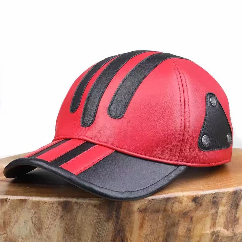 Grey Cowhide Leather Hat Man Classic American Street Motorcycle Top-layer Baseball Cap Unisex British Snapback Cap Color-Blocked