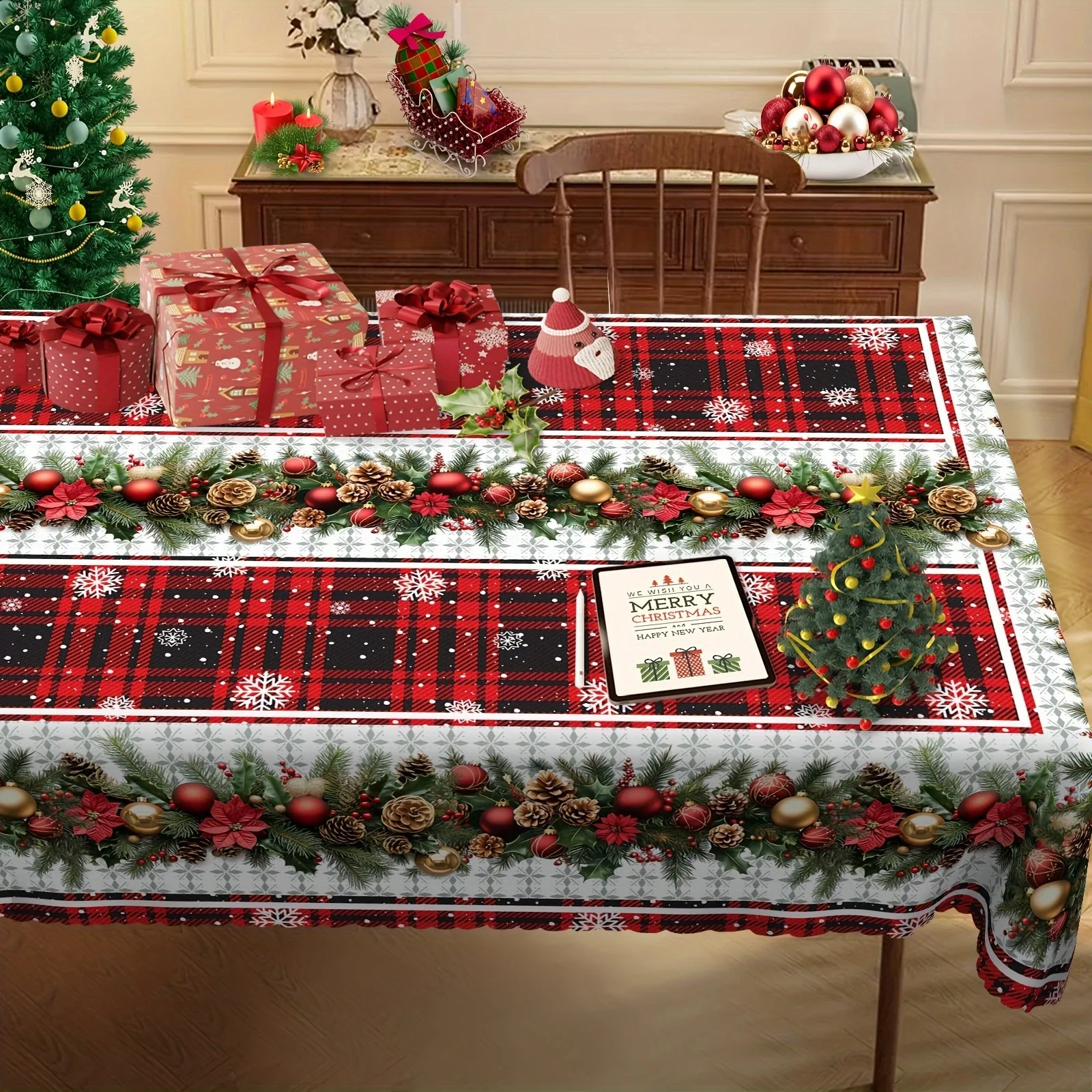 1pc Elegant Winter Snowflake, Pine Needle & Pine Cone Tablecloth Suitable for Christmas Decor, Fabric /Outdoor Table, Dining, Pa