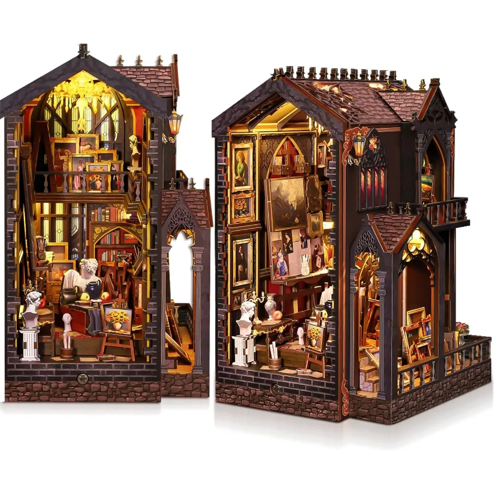 

3D Wooden Mini Dollhouse Kit with LED Lights - Bookshelf Style Decorative Dollhouse for Collectors