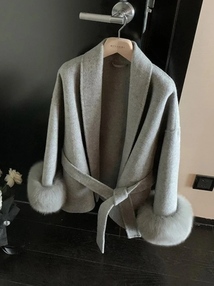 Femme réel fourrure de renard laine mélanges veste nouveau automne hiver vêtements femmes mode épais chaud cachemire solide fourrure laine manteau