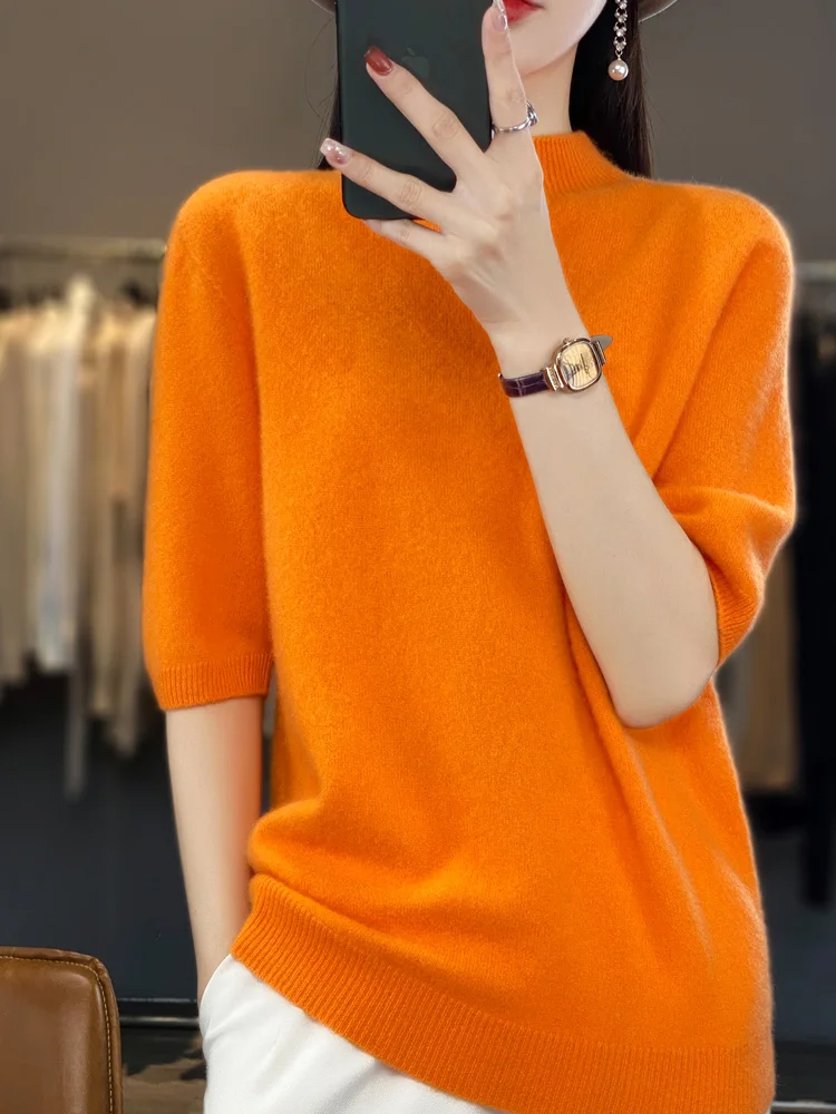 Spring Summer Autumn Mock Neck Women Sweater 100% Merino Wool Pullover Basic Short Sleeve Cashmere Knitwear Female Clothes Tops