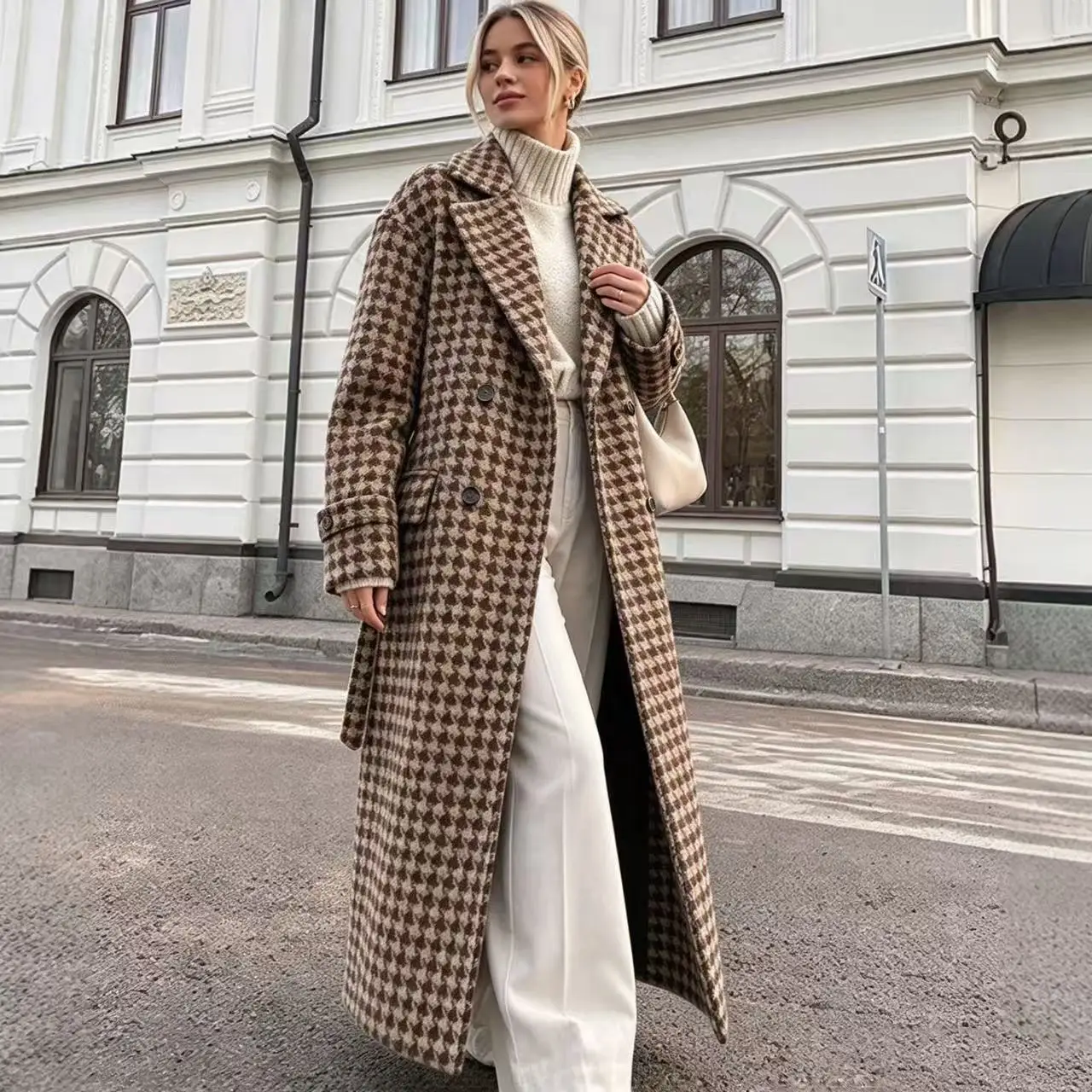 Hot Selling New Autumn Winter Plaid Oversized Lapel Loose Long Woolen Coat For Women