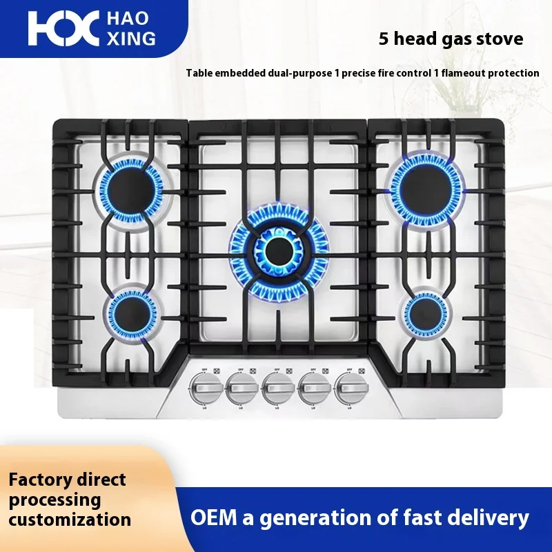 Fornello a gas da cucina a cinque teste in acciaio inossidabile transfrontaliero GPL Tavolo da cucina incorporato Fornello da tavolo incorporato