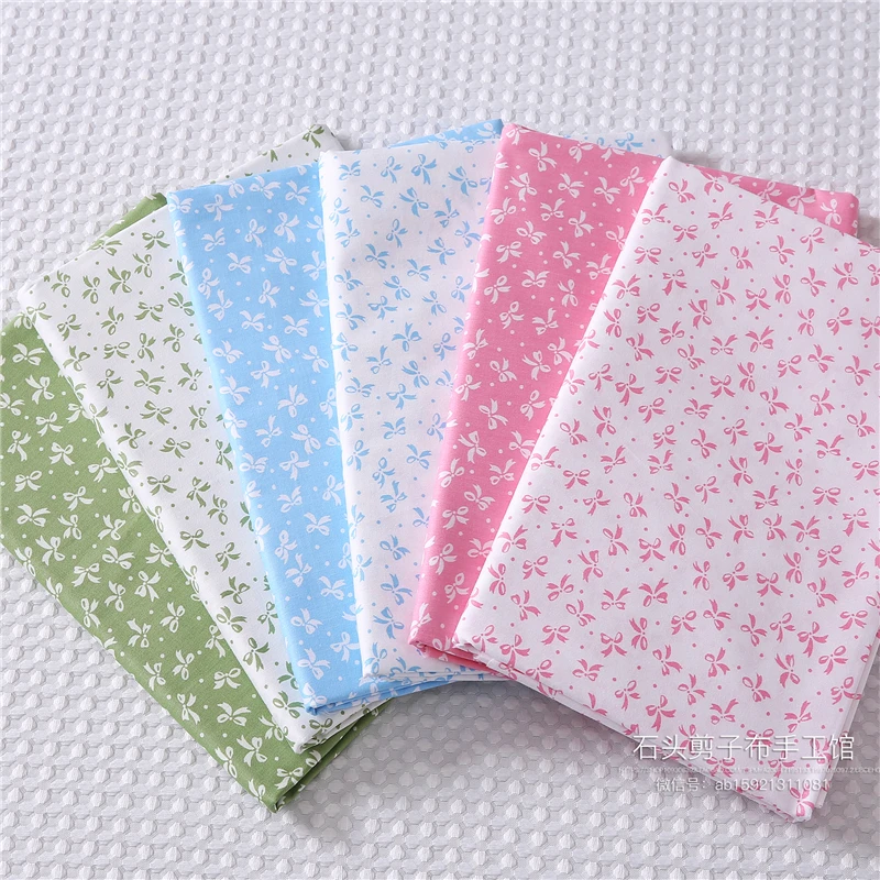 160x50cm Pink Green Blue Small Bow Twill Cotton Fabric, Making Bed Sheet Quilt Cover Clothes Curtain Tablecloth Handmade Cloth