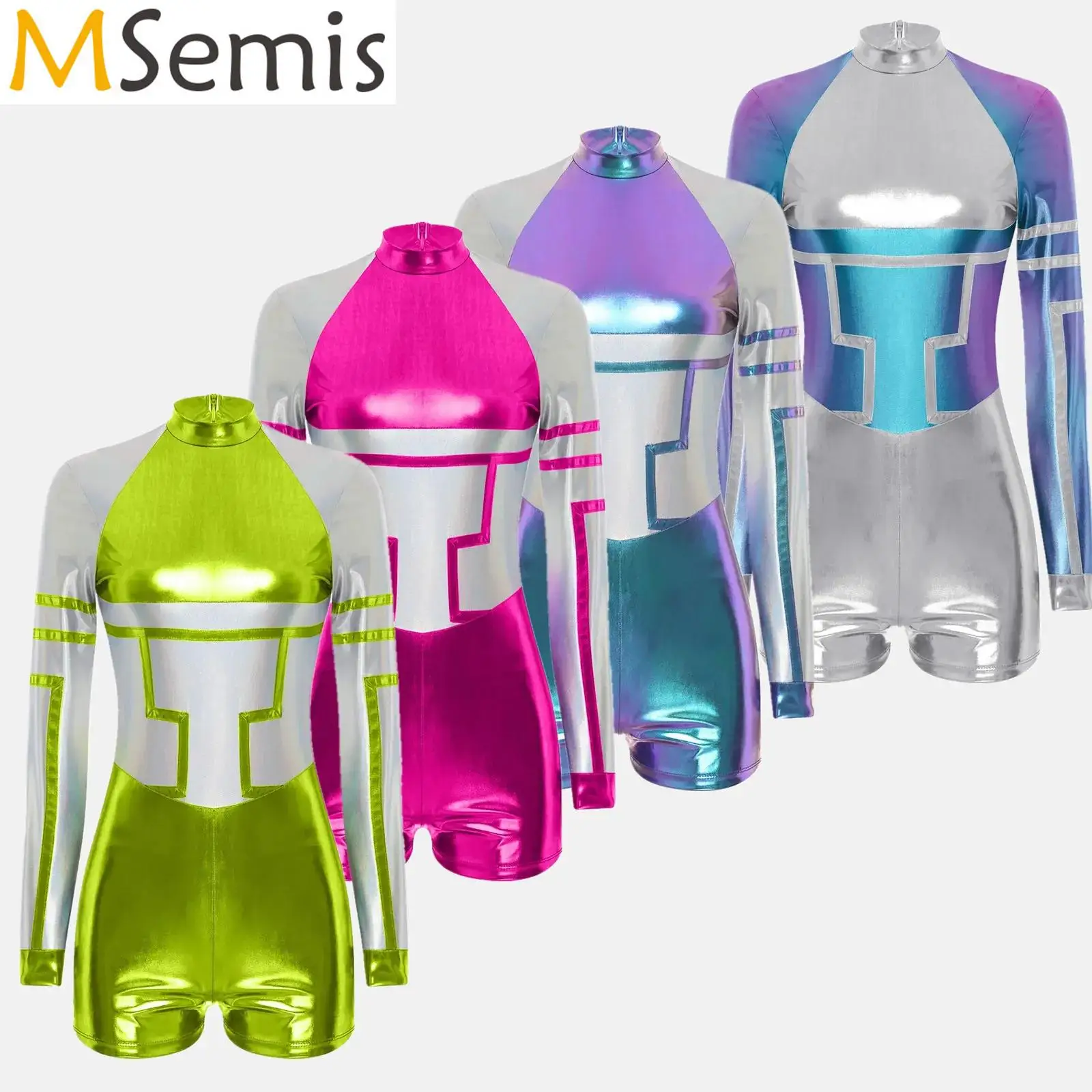 

Womens Halloween Alien Astronaut Space Robot Cosplay Themed Party Costume Metallic Shiny Long Sleeve Back Zip Bodysuit Jumpsuit