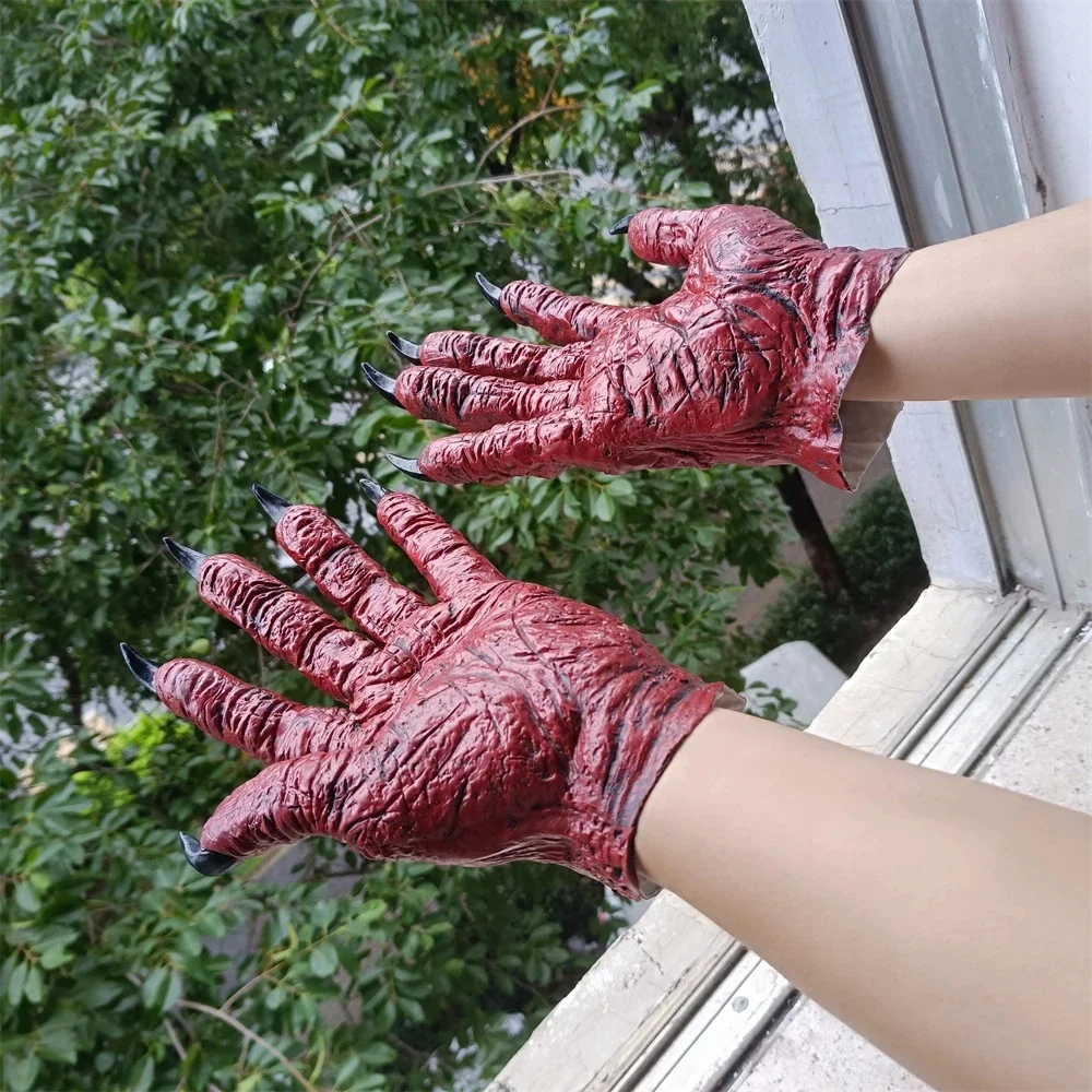 Máscaras de látex de cara completa de monstruo de terror, sombrero de fantasma aterrador, Cosplay, rey demonio rojo, máscara de diablo con guantes rojos, utilería para fiesta de Halloween