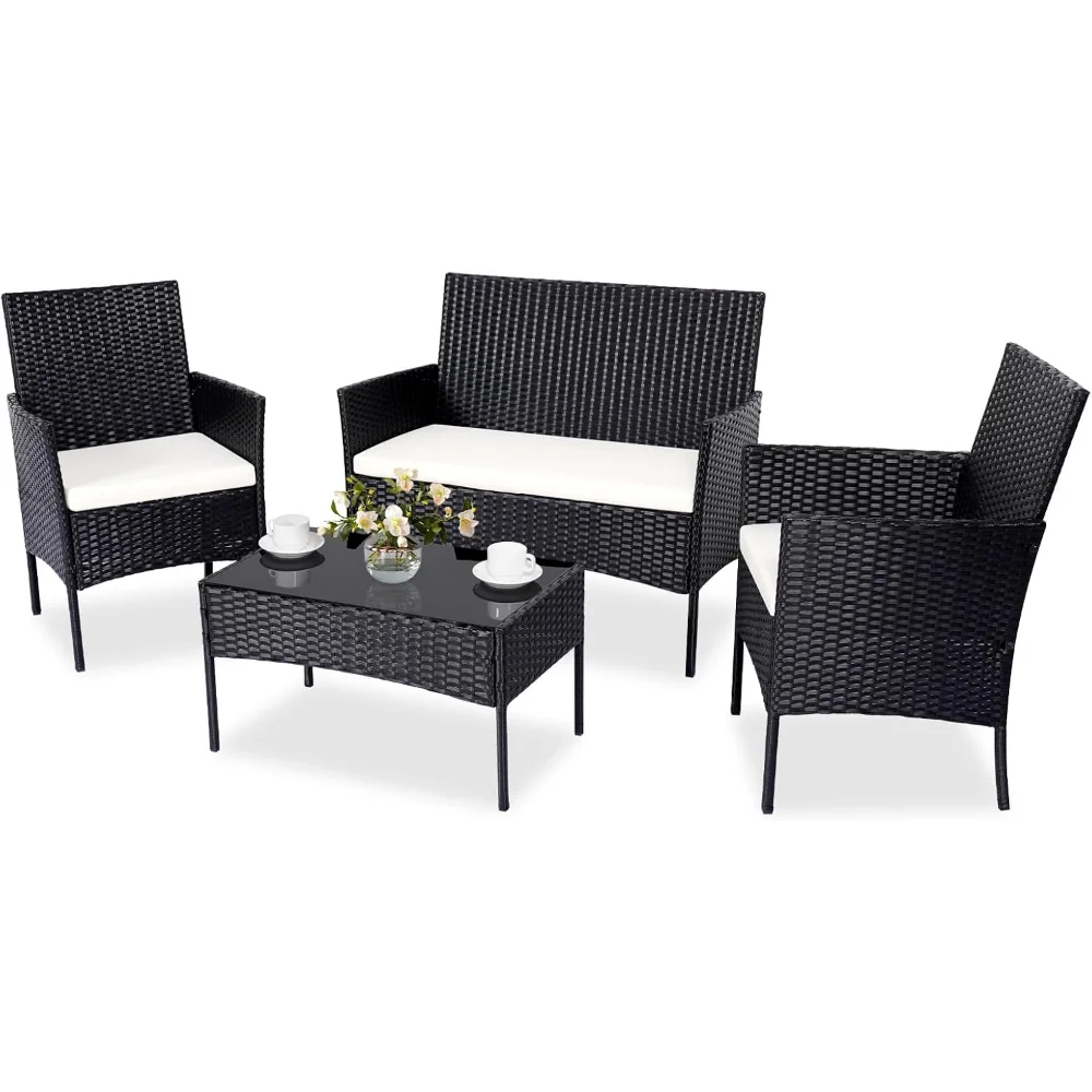 

Patio Furniture Set 4 Pieces, Conversation Sets Outdoor Wicker Rattan Chairs Garden Backyard Balcony Porch Poolside