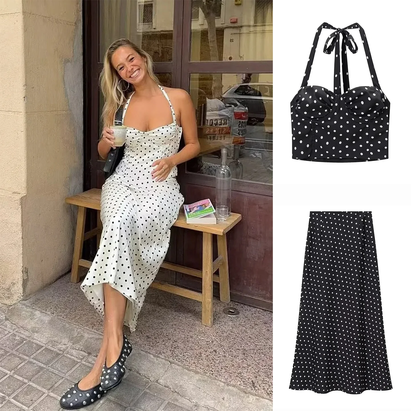 

Summer New Polka Dot Print Halter Neck Strap High Waist A-Line Skirt Set Women's Fashion Polyester Fiber Printed Skirt Set