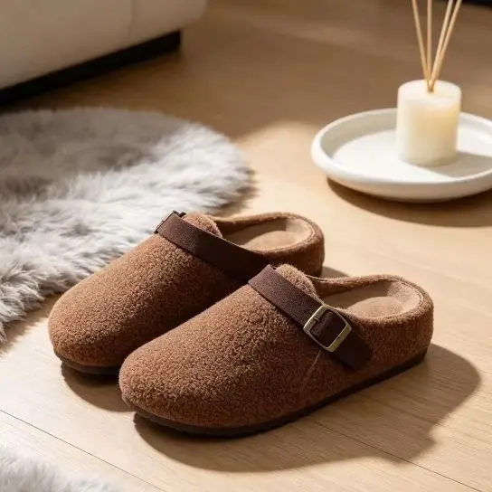 Smile Popcorn New Ladies Fluffy Sherpa Lined Clog Mules Suede Buckle Strap Non Slip Soft Warm Plush Indoor Home Slippers Women