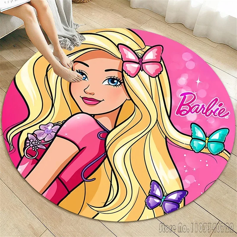 Cute Barbie HD Printed Cartoon Round Carpet 120cm Crawling Game Non-slip Floor Mat for Kids Rug Living Room Decor