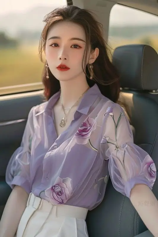 

Блузка с рукавами-фонариками, шифоновая женская блузка с фиолетовым принтом и короткими рукавами, новая модель, топ с темпераментом феи