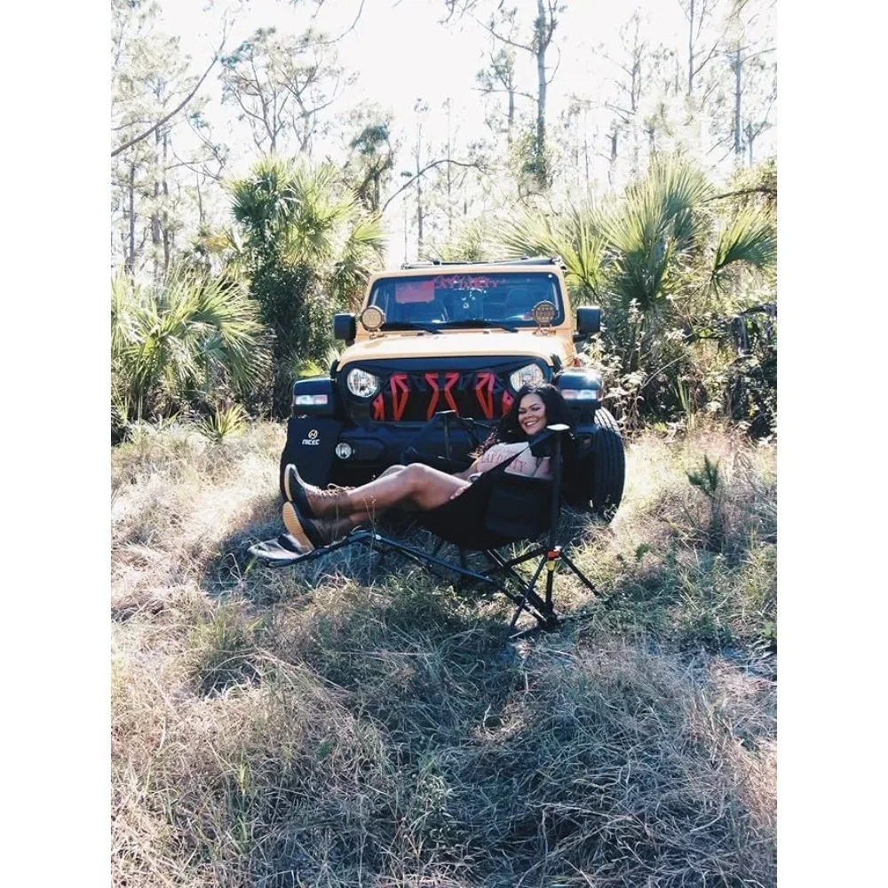 كرسي تخييم على الموضة، كرسي هزاز للتخييم، كرسي متأرجح، ظهر مرتفع مع حامل، حامل أكواب، جيب جانبي، ثقيل Du