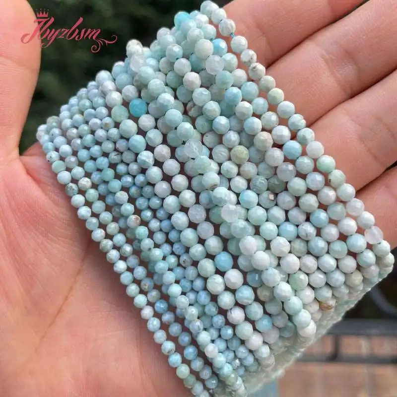 2/3/4mm Round Faceted Blue Larimar Small Tiny Natural Stone Seed Spacer Beads for DIY Charm Bracelet Necklace Jewelry Making 15\