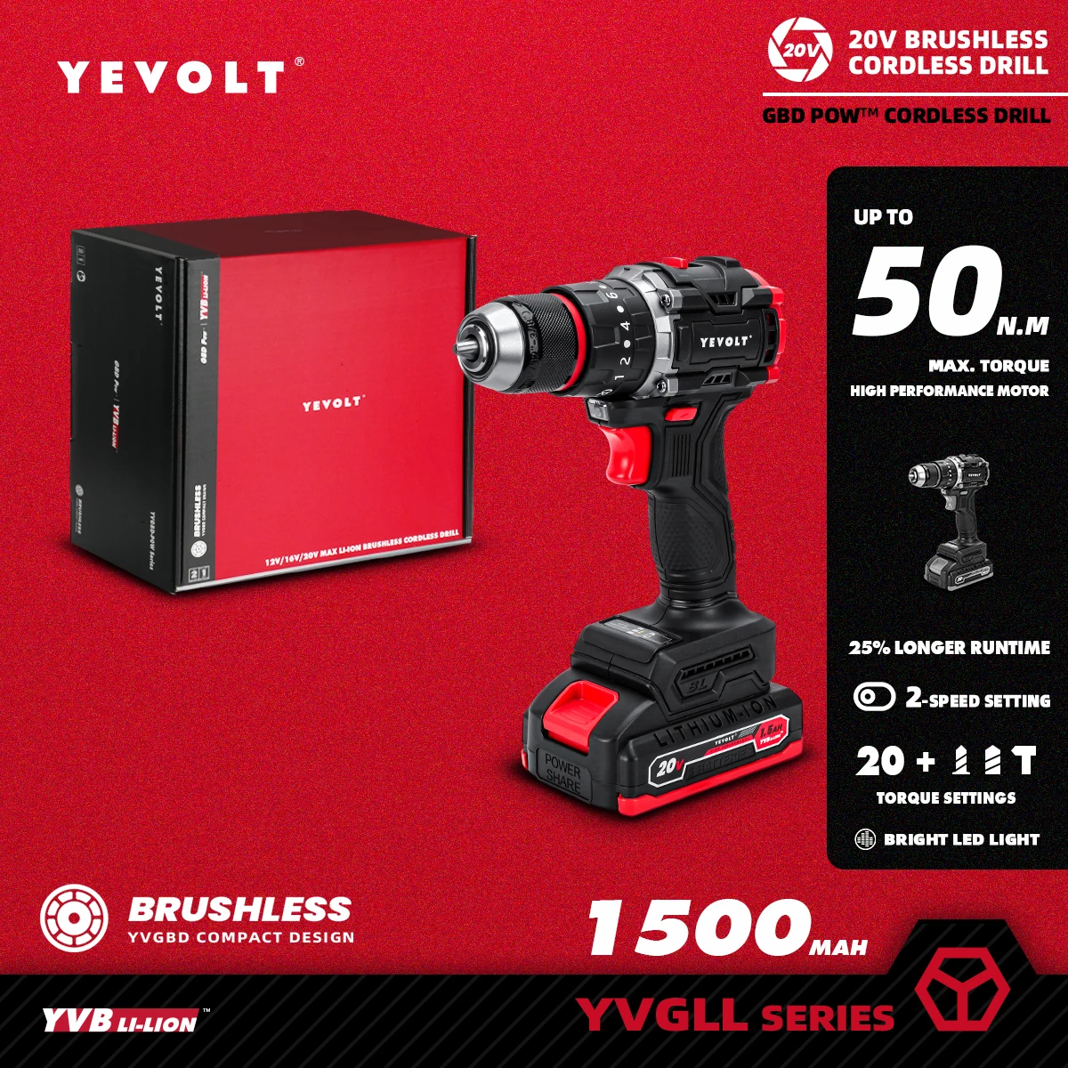 YEVOLT YVGBD20DU3 Series Brushless Electric Drill 20V 20+3 Li-ion Compact Impact Cordless Driver Handheld Screwdriver Power Tool