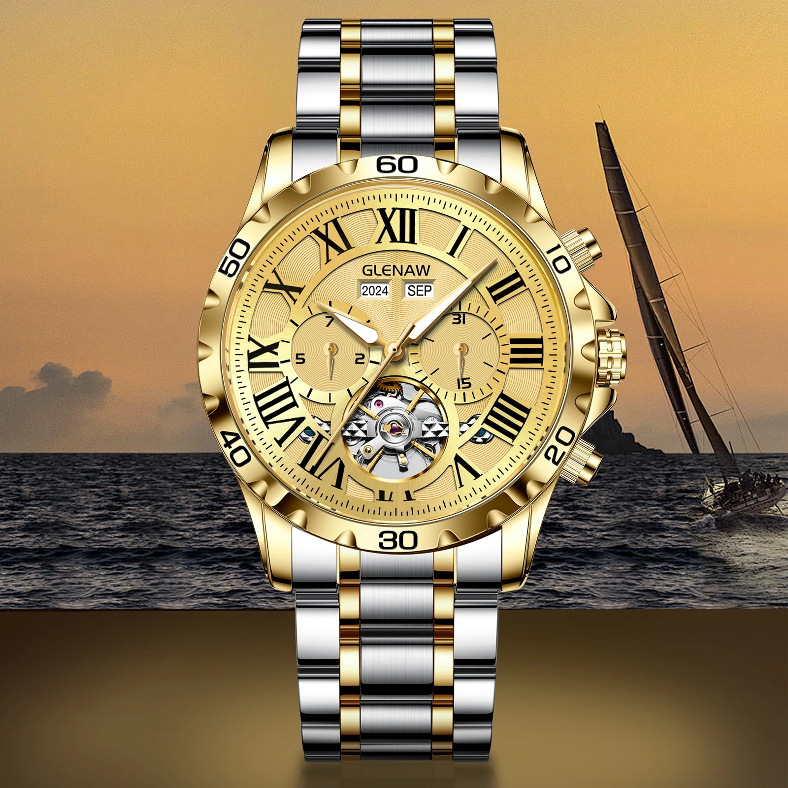 Reloj multifunción mecánico totalmente automático de marca Glenaw de alta gama para hombre, reloj resistente al agua a la moda y a la moda