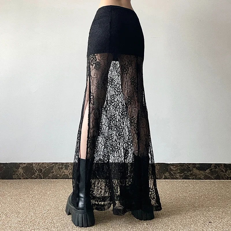 Gothic black long skirt women clothes summer lace mesh see through slim maxi skirt transparent A-line split side open streetwear