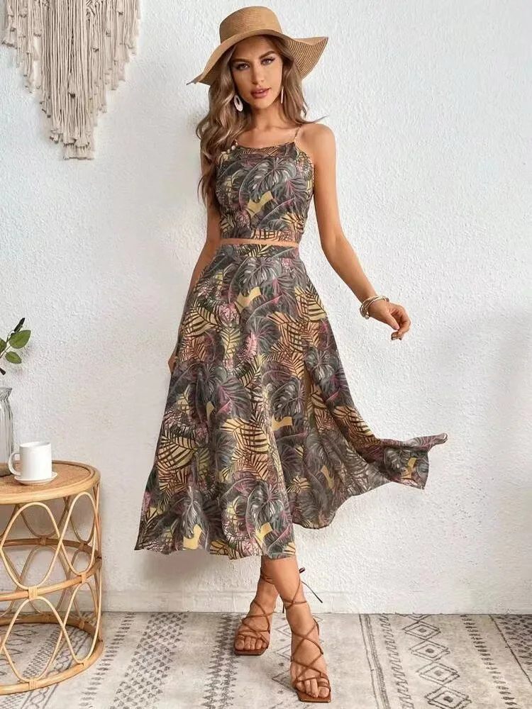 Casual Bohemian Beach Vacation Set Dress For Women\'s Sexy Vest Camisole Top  A-line Skirt Two-Piece Boho Print Sets Outfit Woman