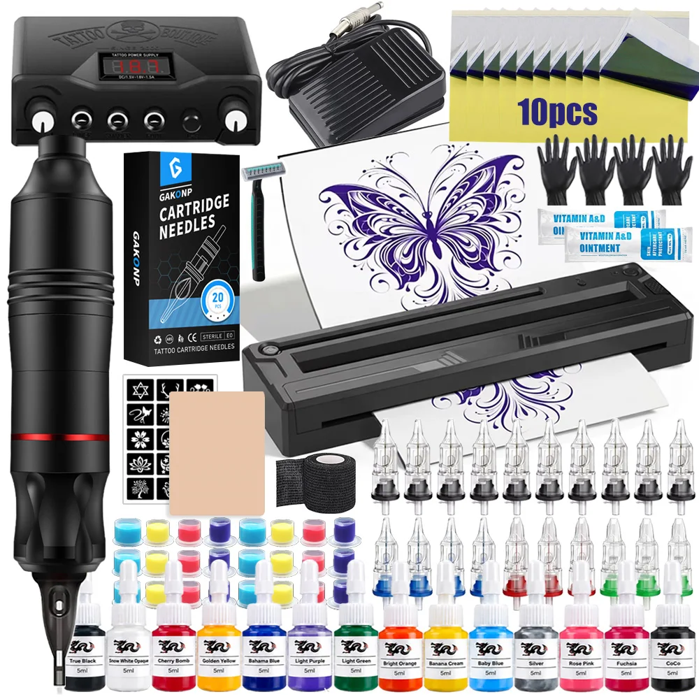 Complete Tattoo Machine Kit Set Tattoo Pen Kit with Wireless Tattoo Transfer Machine Cartridge Tattoo Needles Tattoo Kits